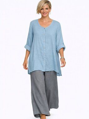 Flax Linnen Long Sleeve A-Line Tunic Jacket Button Front Gray/Blue Size M